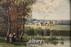 1886 Paire Huile sur panneaux bois A. RUEFF Paysages Campagne Journée Crépuscule