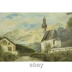 1942 Peinture ancienne à l'huile paysage avec église 72x62 cm