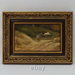 1947 Peintures anciennes l'huile Paysage avec randonneurs signé R. BRAUN 43x32cm