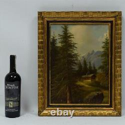 19ème siècle Peintures anciennes l'huile Paysage de montagne avec chalet 51x42cm