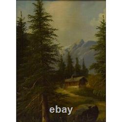 19ème siècle Peintures anciennes l'huile Paysage de montagne avec chalet 51x42cm
