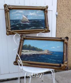 2 Lumineux & Grands Marines 1930. Voiliers De Pêche En Mer & Cote Rocheuse