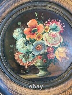 2 Miniatures huile sur panneau bouquets de fleurs, cadre en bois XIXème