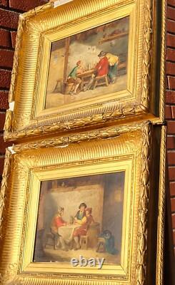 2 Tableaux anciens signé. Scène d'auberge Peinture huile sur panneau de bois