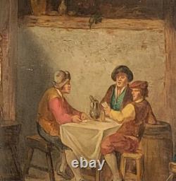 2 Tableaux anciens signé. Scène d'auberge Peinture huile sur panneau de bois