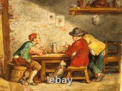 2 Tableaux anciens signé. Scène d'auberge Peinture huile sur panneau de bois