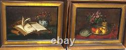 2 Tableaux signés T. WAGNER Livres et Fruits Peinture huile sur panneau de bois
