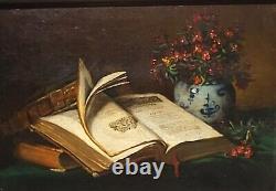 2 Tableaux signés T. WAGNER Livres et Fruits Peinture huile sur panneau de bois