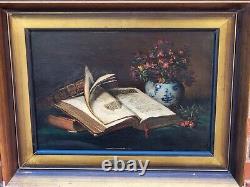 2 Tableaux signés T. WAGNER Livres et Fruits Peinture huile sur panneau de bois