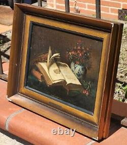 2 Tableaux signés T. WAGNER Livres et Fruits Peinture huile sur panneau de bois
