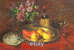 2 Tableaux signés T. WAGNER Livres et Fruits Peinture huile sur panneau de bois