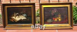 2 Tableaux signés T. WAGNER Livres et Fruits Peinture huile sur panneau de bois
