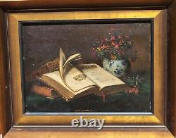 2 Tableaux signés T. WAGNER Livres et Fruits Peinture huile sur panneau de bois