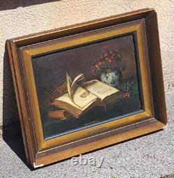 2 Tableaux signés T. WAGNER Livres et Fruits Peinture huile sur panneau de bois