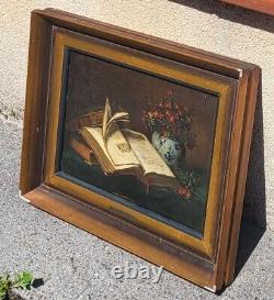 2 Tableaux signés T. WAGNER Livres et Fruits Peinture huile sur panneau de bois