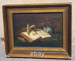 2 Tableaux signés T. WAGNER Livres et Fruits Peinture huile sur panneau de bois