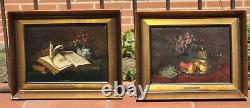 2 Tableaux signés T. WAGNER Livres et Fruits Peinture huile sur panneau de bois