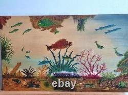 2 huiles sur panneau signé scène sous marine poissons méditeranée vintage