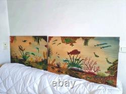 2 huiles sur panneau signé scène sous marine poissons méditeranée vintage