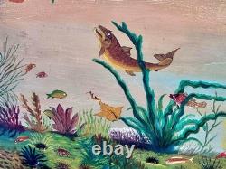 2 huiles sur panneau signé scène sous marine poissons méditeranée vintage