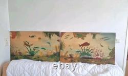2 huiles sur panneau signé scène sous marine poissons méditeranée vintage