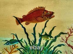 2 huiles sur panneau signé scène sous marine poissons méditeranée vintage