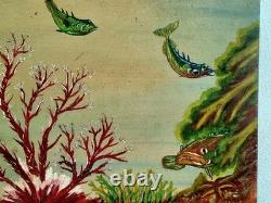 2 huiles sur panneau signé scène sous marine poissons méditeranée vintage