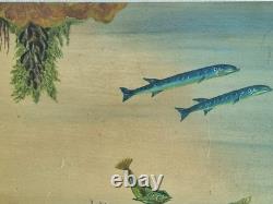 2 huiles sur panneau signé scène sous marine poissons méditeranée vintage