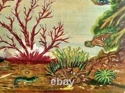 2 huiles sur panneau signé scène sous marine poissons méditeranée vintage