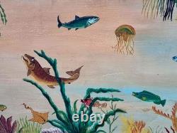 2 huiles sur panneau signé scène sous marine poissons méditeranée vintage