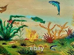 2 huiles sur panneau signé scène sous marine poissons méditeranée vintage