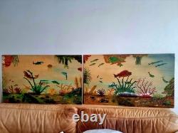 2 huiles sur panneau signé scène sous marine poissons méditeranée vintage