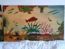 2 huiles sur panneau signé scène sous marine poissons méditeranée vintage