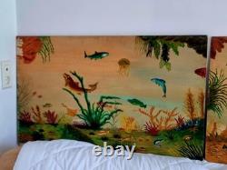 2 huiles sur panneau signé scène sous marine poissons méditeranée vintage
