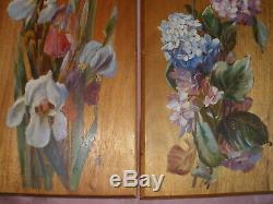 2 peintures Huile sur bois art nouveau vers 1900 Décor floral Iris & Hortensia