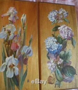 2 peintures Huile sur bois art nouveau vers 1900 Décor floral Iris & Hortensia