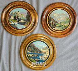 3 Tondos / peintures des Pyrénées sur bois Chateau de Lourdes Lac et montagne