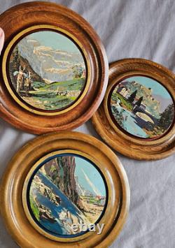 3 Tondos / peintures des Pyrénées sur bois Chateau de Lourdes Lac et montagne