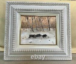 5 Tableau peinture à l'huile sur bois Sanglier en hivers Cadre bois