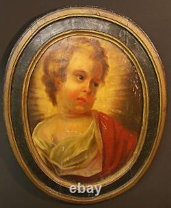 AA 18ème Remarquable peinture sur bois médaillon 58cm enfant Jésus Christ Dieu