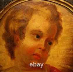 AA 18ème Remarquable peinture sur bois médaillon 58cm enfant Jésus Christ Dieu
