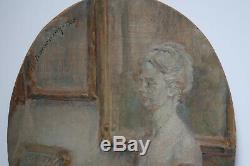 ADRIEN KARBOWSKY 1932 INTERIEUR D'AMATEUR D'ARTbuste, livres, lettres, tableaux