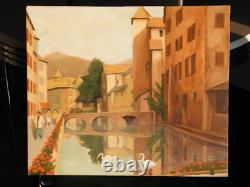ANNECY Pont sur le THIOU Huile sur bois signée 54,5 x 46,5 Tableau 1950 /60