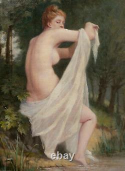 ARMAND tableau huile baigneuse femme nue nymphe forêt sous-bois Barbizon 19ème