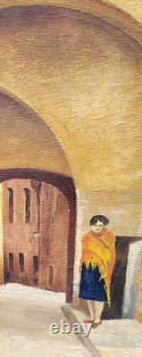 A. BAISSOT. Vue d'une Cour Animée. Peinture huile sur toile signé