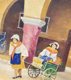 A. BAISSOT. Vue d'une Cour Animée. Peinture huile sur toile signé
