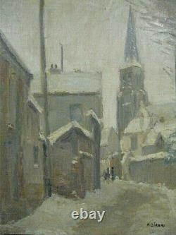 A. Girard Village sous la neige Peinture huile sur bois janvier 1926
