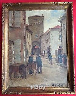 A Michot Huile Sur Panneau Scène De Village Auvergnate Haute Loire