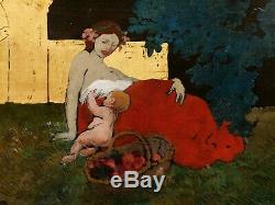 Albert BESNARD tableau huile Maternité femme enfant feuille or ART NOUVEAU 1900