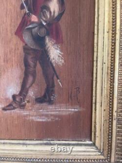 Ancien Huile Bois Panneau Encadré Mousquetaire Signé XIXème 19ème